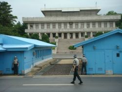 Pan Mun Jom Demilitarized Zone (DMZ), Joint Security Area at the 38th Parallel after the July 27, 1953 Armistice Agreement. ROK border guards at the armistice line with the DPRK